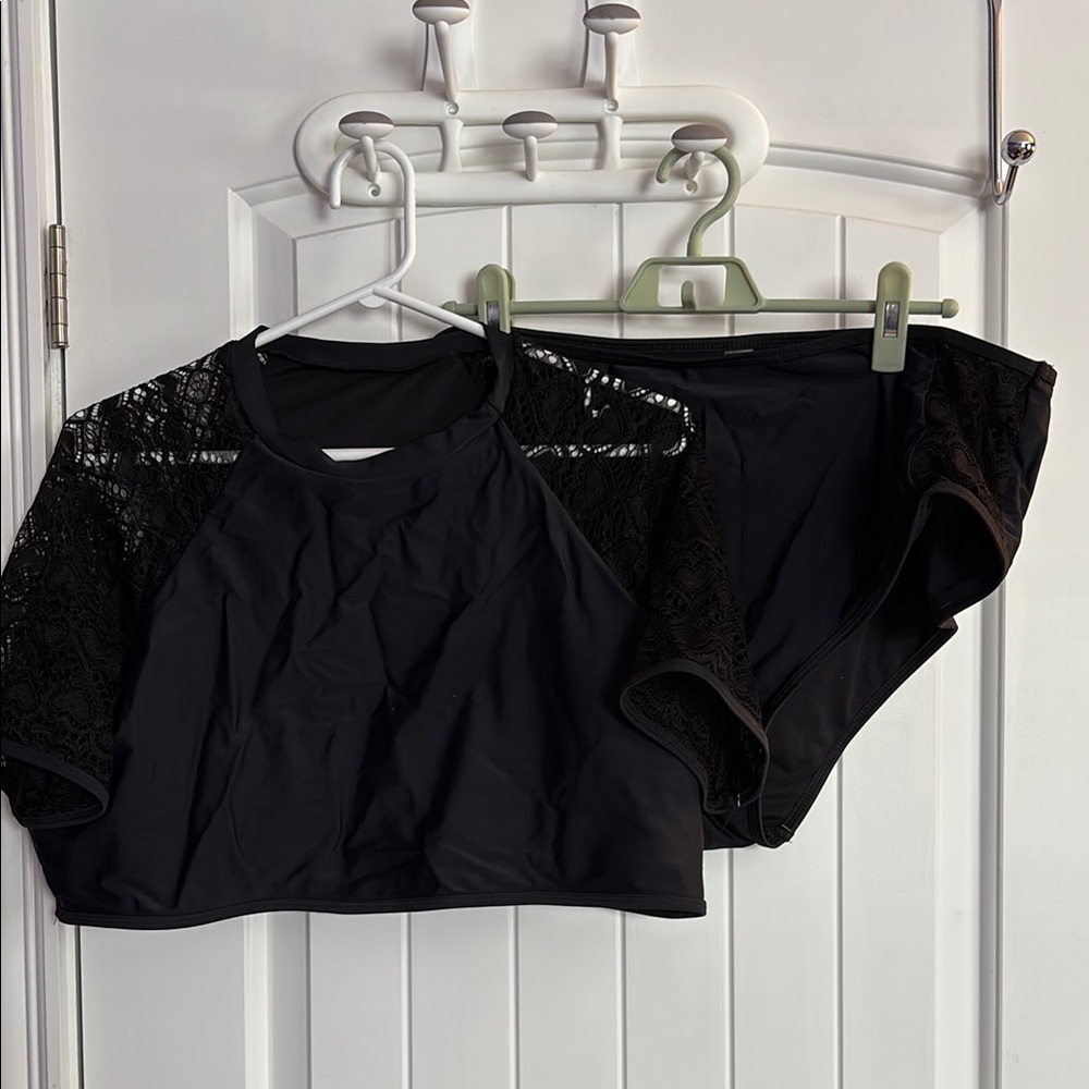 Black Lace Sleeve Swim Top and Bottom